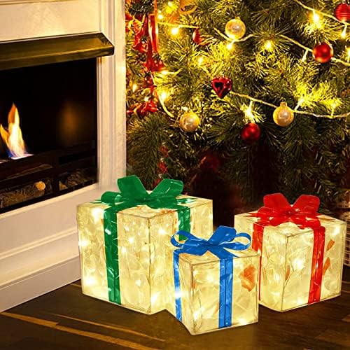Подаръчни Кутии с подсветка Pomobie Коледна украса, Комплект от 3 Подарък Кутии с Подсветка Коледна Украса Светещите Коледни Кутии