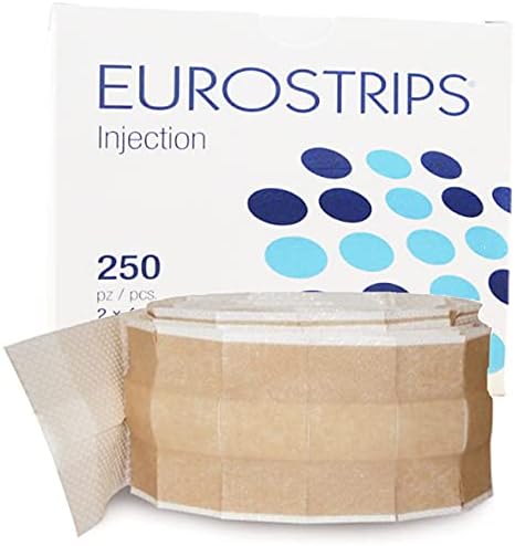 ЕВРОСТРИПЫ за инжекции - Предварително нарязани на самозалепващи превръзки за първа помощ размер за инжектиране ¾ x 1 ½ инча (250