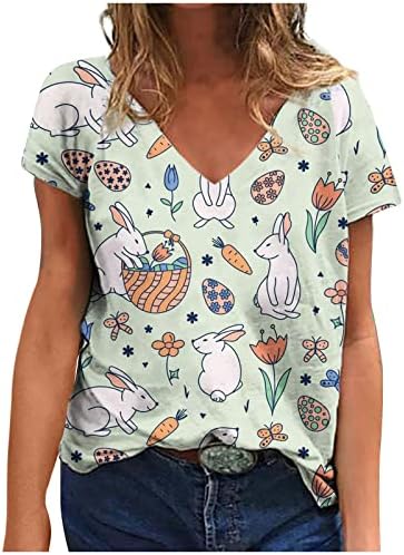Блуза, Риза За Момичета С Къс ръкав и Кръгло деколте, Дълбоко V-образно Деколте, Памучен Блуза С Цветен Модел Kawaii Animal Бъни