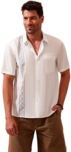 Hardaddy Мъжки Реколта Тениска с V-образно деколте и Къс ръкав Cuban Лагер Guayabera Копчета Хавайски Летни Плажни Ежедневни Ризи