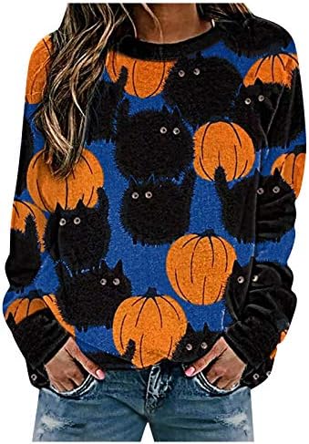 Hoody с Дълъг ръкав и принтом на Хелоуин, на Женска Блуза, Сладка Тиква и Черна Котка, Всекидневни Свободен Пуловер с Кръгло деколте