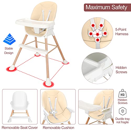 RIETORE детско столче за хранене 3 в 1-с Подвижна Двойна Тава Модерна Дървена столче за хранене с Регулируеми крака за бебета, Бебета,