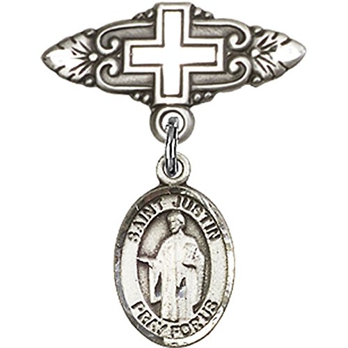 Детски икона от Сребро с Чар Свети Джъстин и Игла за Икона с Кръст 1 X 3/4 инча