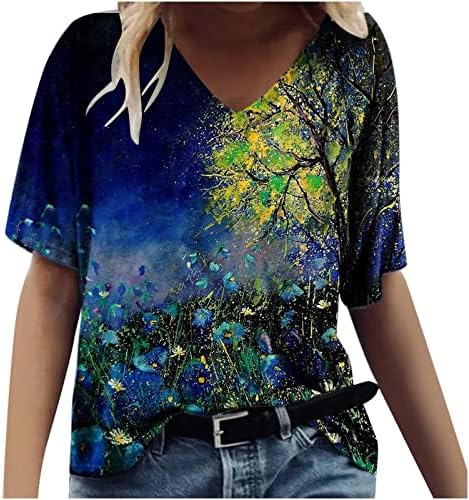 Топ Цветен Модел за Момичета, Есен-Лято, Памучен Ежедневни Риза с Дълбоко V-образно Деколте и Къс Ръкав за Жени, 3H 3H