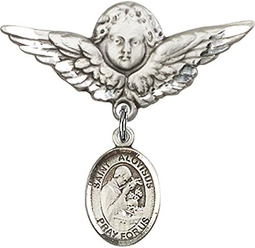 Детски икона от сребро с надпис St . Икона с талисман Алоизиуса Гонзаги и Ангел с крила на булавке 1 1/8 X 1 1/8 инча