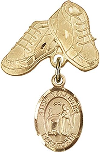 детски икона от Жълто злато 14 карата с Чар на Свети Валентин от Рим и игла за детски сапожек размер 1 X 5/8 инча