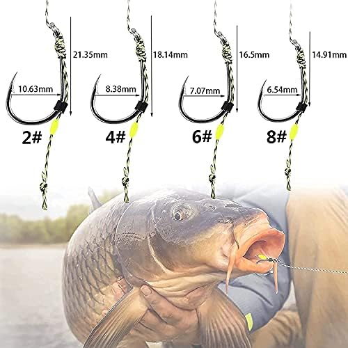 YOTO Carp Fishing Hair Rigs - 24шт Высокоуглеродистая Стомана Извит Остър Кука За Риболов на Шаран, Въртящи се Топчета, Риболовни