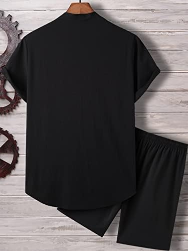 Мъжки дрехи OSHHO от две части, Мъжка Риза на една четвърт от копчета с анимационни шарени и къси Панталони с завязками на талията (Цвят: черен, Размер: Средно)