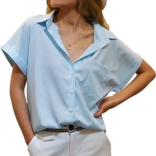 Блуза, Тениска за момичета Лято Есен 2023, Однотонная Блуза Копчета с Къс Ръкав Vneck, Однотонная Блуза BP BP