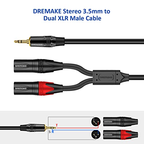 DREMAKE 3.5 мм TRS 1/8 Жак за свързване на 3-контакт аудиоразъема с два конектори XLR, 3 метра 3,5 мм 1/8 Инча към адаптер с два конектори XLR Свързване на Y-образен кабел-сплитер, Ко?