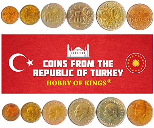 6 Монети от Турция | Колекция от турски монети 1 5 10 25 Курусов 1 2 1/2 Лири | В обращение 1958-1968 | Мустафа Кемал Ататюрк | Полумесец и Звезда