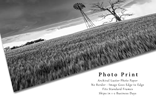 Принт снимка на страната (без рамка) е Черно-бяла фотография на Вятърна мелница и дърво на Пшеничном поле по време на приближаването