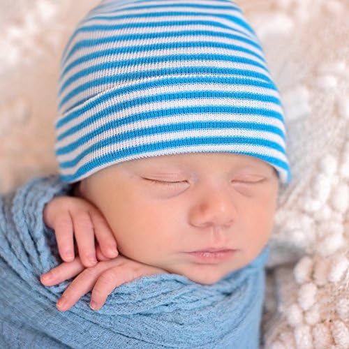 Больничная шапчица За новородено Melondipity в Синята ивица - 2-слойная Больничная плат - Шапчица за новородено - Детска шапчица