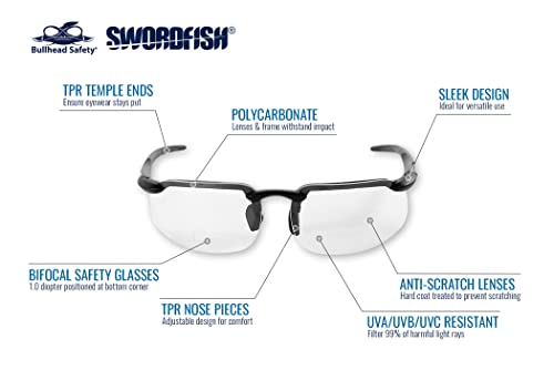 Защитни Бифокални Очила Bullhead Safety риба меч, 2,0 Диоптъра, ANSI Z87 +, Очила за четене с uv защита и покритие против надраскване,