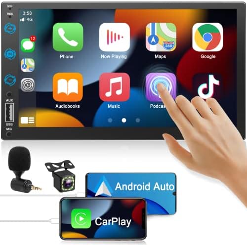 Автомагнитола с двоен Din, Гласов контрол на Apple Carplay и Android Auto, 7-инчов HD LCD сензорен екран, Bluetooth 5,2, MP5 плейър