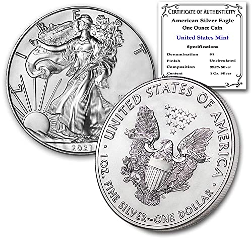 2021 Комплект (2) сребърни монети Американски Орел с тегло 1 унция (тип 1 и тип 2), Диамантени, без движение, със сертификати за