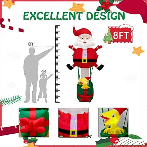 8 Фута Коледен Надуваем балон с Дядо Коледа с Вграден Динозавром, Цветни Въртящи се предни Led Светлини, Вътрешно и Външно Коледа