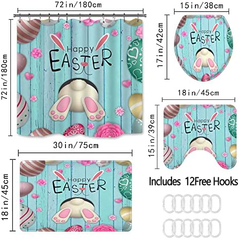 ZOUARU Happy Easter, 4 бр. в Комплект Завеси за душ с Нескользящими подови изтривалки на разположение, капак за Тоалетна и Подложка