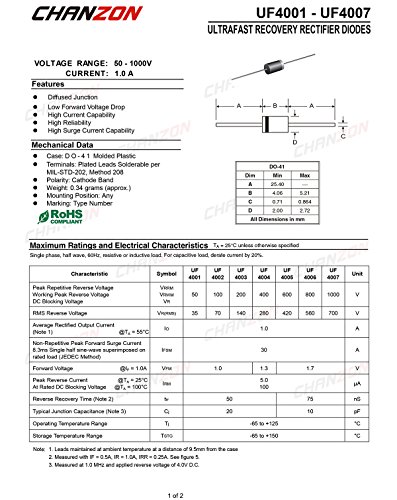 (Опаковка от 100 броя) Chanzon UF4007 Выпрямительный диод супер-бързи възстановяване 1A 1000V 50-75ns DO-41 (DO-204AL) Аксиални