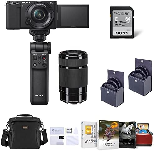 Беззеркальная камера Sony ZV-E10, с обектив 16-50 мм обектив E-Mount 55-210 mm f/4.5-6.3 OSS, Черен комплект с пакет за видеоблоггера,