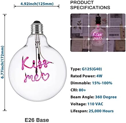 runquiz Реколта Led лампа с нажежаема жичка, Декоративна Крушка-Глобус, Цокъл E26, лампата на Едисон G125 с надпис Kiss Me, Лампа
