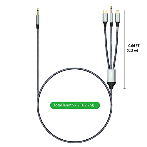 Аудио кабел Lightning-3,5 мм (2,2 м), USB кабел C-3.5 мм Aux Жак, 3,5 мм найлонов кабел Aux (допълнителен кабел 3-в-1 3,5 мм), съвместим