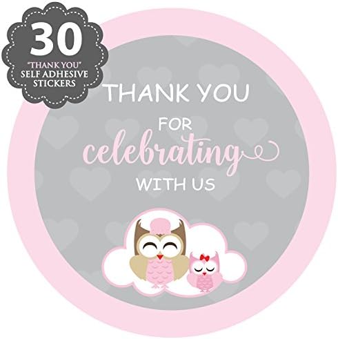 Колекция XOXOKristen Pink душ за малки момичета: Етикети с надпис Owl Baby Shower Благодаря ви, че се отпразнува с нас Розови етикети