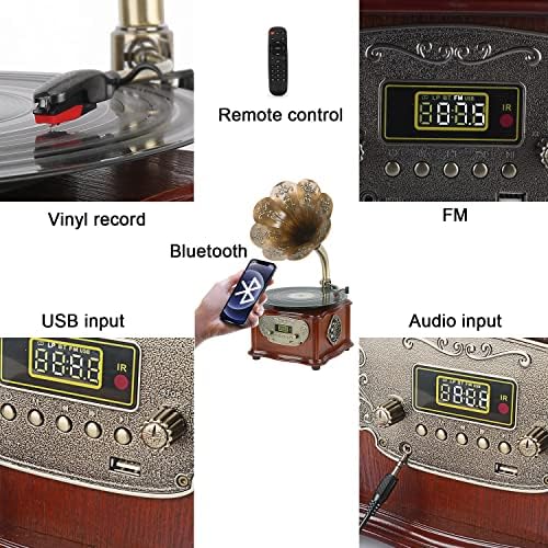 Ретро Класически Ретро Грамофон Грамофон Плейър Грамофонни Плочи Плейър Bluetooth 4,2, 3.5 мм Aux-in/USB/FM-радио с Меден Говорител