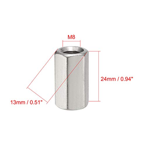 съединителната гайка uxcell M8 X 1.25 стъпка, 24 мм, дължина 304, Metric Шестостенни Гайка от Неръждаема Стомана, 2 бр. в опаковка