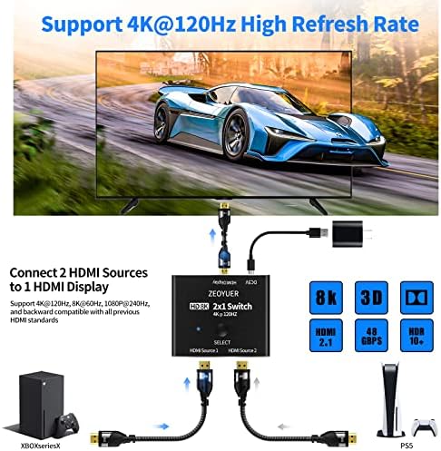 HDMI превключвател 2.1 8K 【с HDMI кабел с дължина 6,6 фута 8K】, преминете ZEOYUER HDMI 2 в 1, поддържа 4K при 120 Hz, 8K при 60