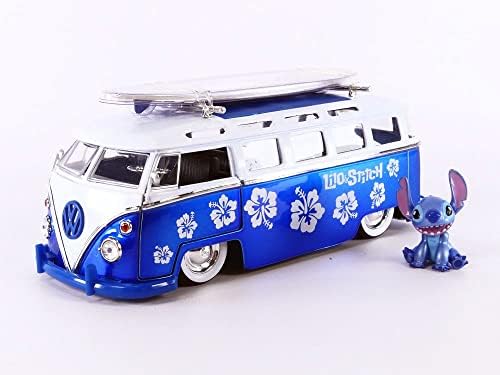 Jada Toys Дисни Лило и Стич 1:24 Автобус Volkswagen T1, Гласове Автомобил с фигура Стича, Играчки за деца и възрастни, Синьо