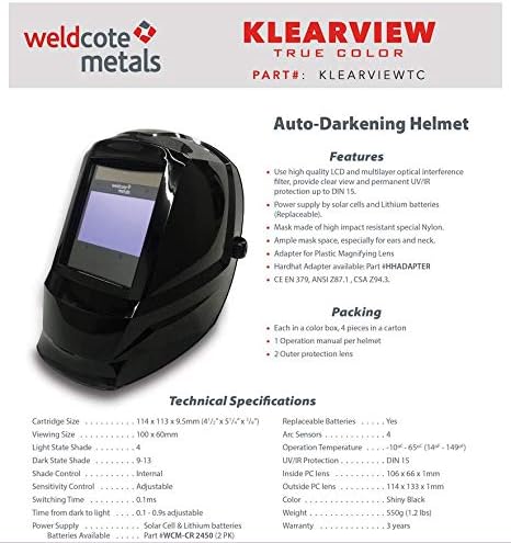 Заваряване каска Weldcote Metals Klear-View True Color, С Автоматично Затъмняване, Черен