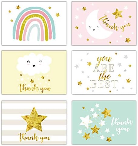 Благодарствени картички Gooji Звездна нощ от златно фолио 4x6 (36 броя в опаковка), Бели Пликове в тон | Асорти, графика, Акварел