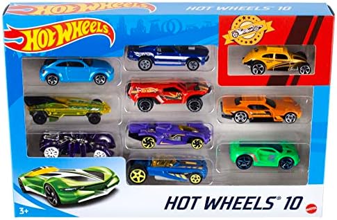 Набор от Hot Wheels от 10 играчки машинки и грузовичков в мащаб 1:64, Състезателни автомобили, полуремаркета, спасителни или строителни