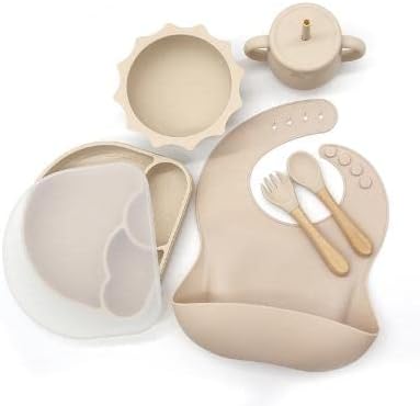 Силиконов комплект за хранене от HaloHeart - 8 бр., бебешки дрехи за вечеря при отлучении от рак на гърдата с подсветка / Купа-търтей и чиния с капаци - детска чаша и кърпи -