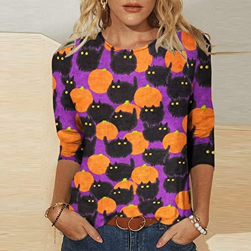 HOXINE/ на Женската Риза с 3/4 ръкав, Модерен Пуловер с участието на Тиква Котка на Хелоуин, Риза с Графичен принтом, Ежедневни