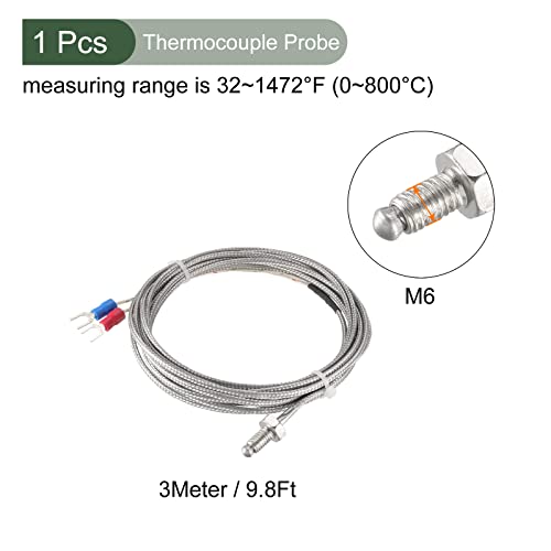 Датчици за температура на термодвойка YOKIVE K-тип Сонда с резба M6 0-800C с тел, чудесно за фабрики, за индустрията (Сребро, 3 м /9,8 фута)