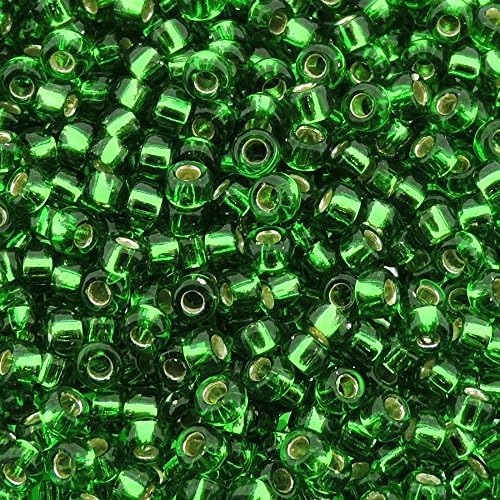 Зелени японски кръгли стъклени мъниста Miyuki със сребърна подплата от рокайля 11/0, на около 24 грама, 5-инчов тръба