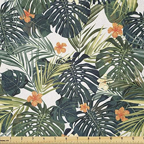 Плат Ambesonne Hawaii by The Yard, Композиция от Тропически Лятна Листата с цветовете на Хибискус, Еластична Трикотажная плат за