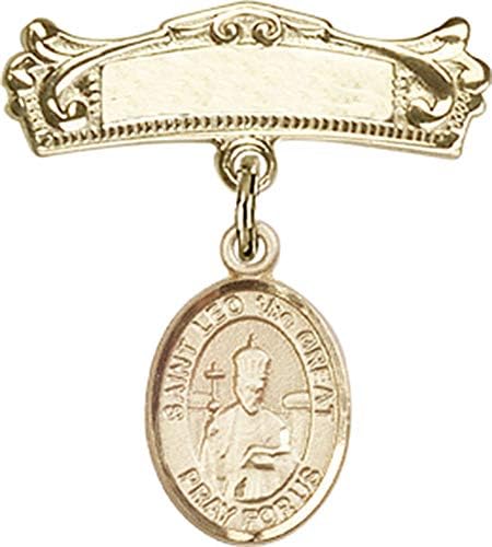 Детски икона Jewels Мания за талисман на Св. Лъв Велики и Извита полирани игла за иконата | Детски икона от 14-каратово злато с