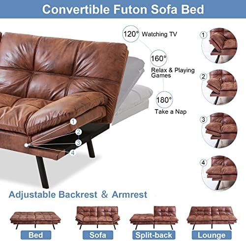 MUUEGM Разтегателен диван-futon, Foldout Разтегателен диван от пяна с памет ефект за всекидневна, Модерен Разтегателен диван от изкуствена кожа, с регулируеми Подлакътници,
