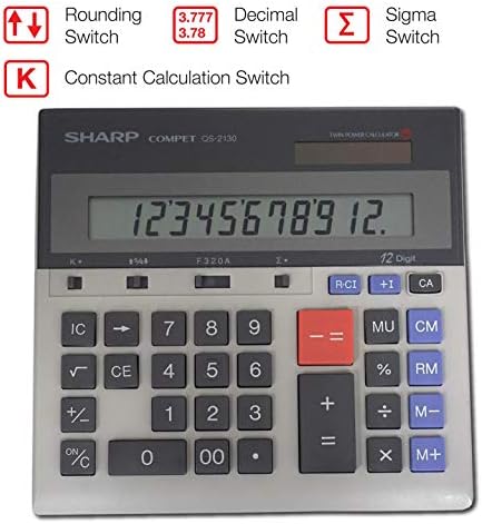Sharp QS-2130 12-цифрен Търговска настолен калкулатор с поставка, аритметиката, логиката, LCD дисплей с хибриден захранването от
