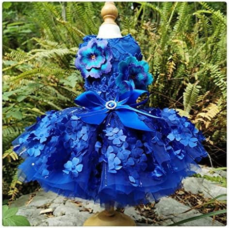 WZHSDKL Дрехи за кучета ръчно изработени, Великолепна Кралска Синя Бродерия 3D Цветя, Ламинирано рокля от тюл, рокля на принцеса